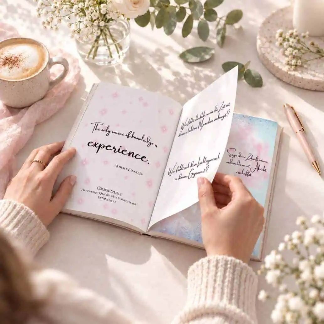 Super wichtige Gedanken – im Workbook blättern Frauenhände blättern in einem aufgeschlagenen Workbook; daneben stehen ein Cappuccino und weiße Blumen.