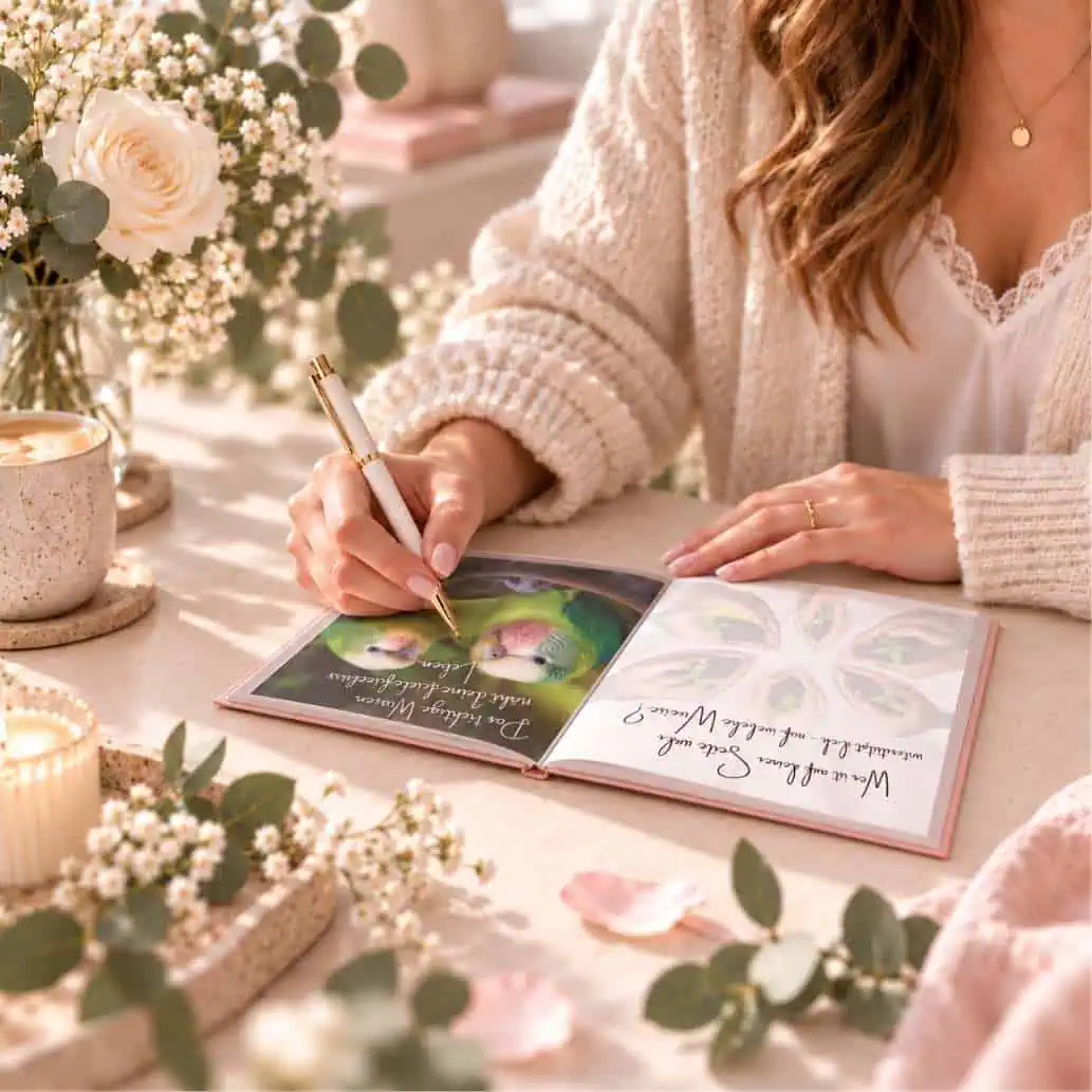Super wichtige Gedanken – mit dem Workbook schreiben Frau schreibt mit einem Stift in ein aufgeschlagenes Workbook an einem Tisch mit Blumen.
